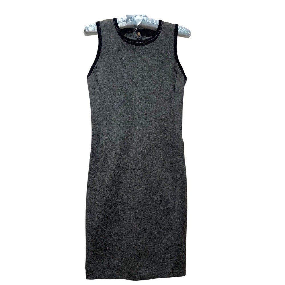 Lauren Ralph Lauren Charcoal Knit Sheath Dress Velvet‎ Trim Minimalist XS